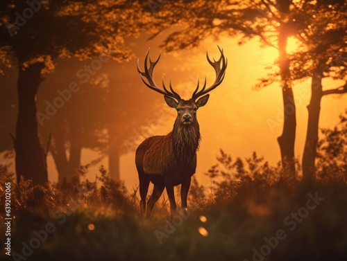 Majestic stag silhouette, antlers prominent against an amber sunset, gracefully navigating the woodland, showcasing autumn's wild beauty.