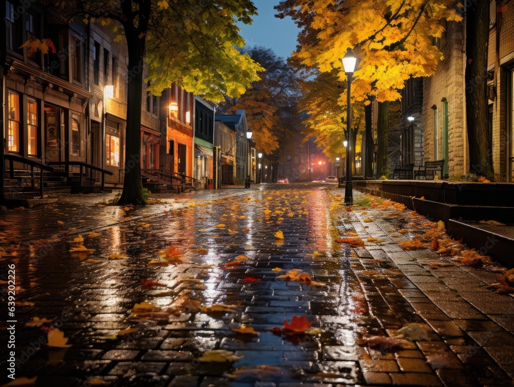Silent streets post-rain: glistening cobblestones reflect amber lights, leaves scattered like confetti.