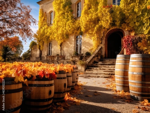 Winery estate snapshot: vineyards in burgundy and gold, barrels of fresh wine set for seasonal celebrations. © Antonio