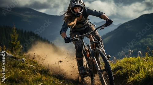 An active woman riding a sports bike on a mountain trail, in summer mountains, in the forest Female cyclist riding a bicycle on a mountain trail, in summer mountains, in the forest © ND STOCK
