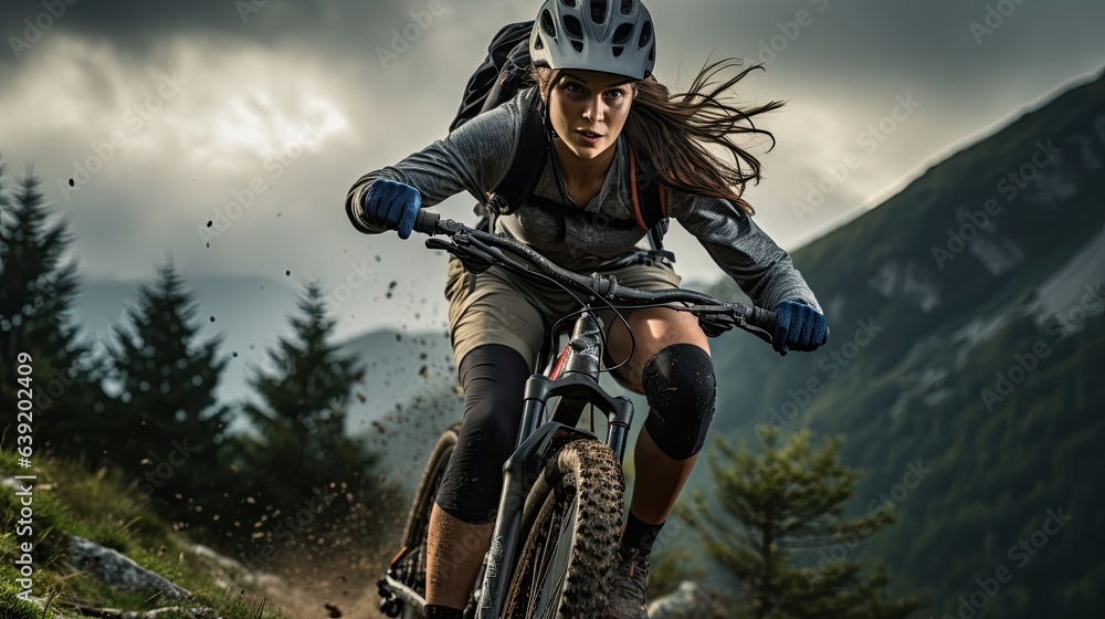 Naklejka premium An active woman riding a sports bike on a mountain trail, in summer mountains, in the forest Female cyclist riding a bicycle on a mountain trail, in summer mountains, in the forest