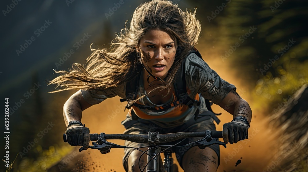 An active woman riding a sports bike on a mountain trail, in summer mountains, in the forest Female cyclist riding a bicycle on a mountain trail, in summer mountains, in the forest An active woman riding a sports bike on a mountain trail, in summer mountains, in the forest Female cyclist riding a bicycle on a mountain trail, in summer mountains, in the forest