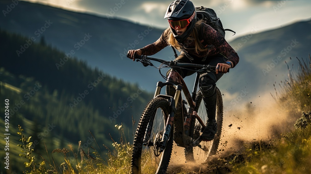 Naklejka premium An active woman riding a sports bike on a mountain trail, in summer mountains, in the forest Female cyclist riding a bicycle on a mountain trail, in summer mountains, in the forest