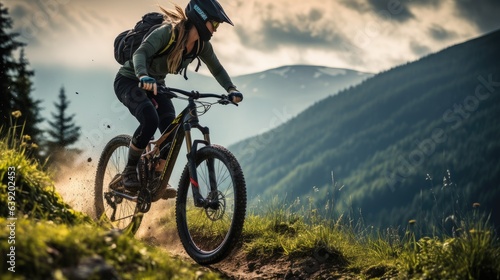 An active woman riding a sports bike on a mountain trail  in summer mountains  in the forest Female cyclist riding a bicycle on a mountain trail  in summer mountains  in the forest