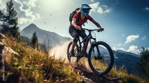 An active woman riding a sports bike on a mountain trail, in summer mountains, in the forest Female cyclist riding a bicycle on a mountain trail, in summer mountains, in the forest © ND STOCK