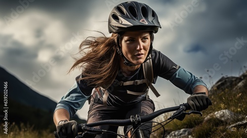 An active woman riding a sports bike on a mountain trail, in summer mountains, in the forest Female cyclist riding a bicycle on a mountain trail, in summer mountains, in the forest