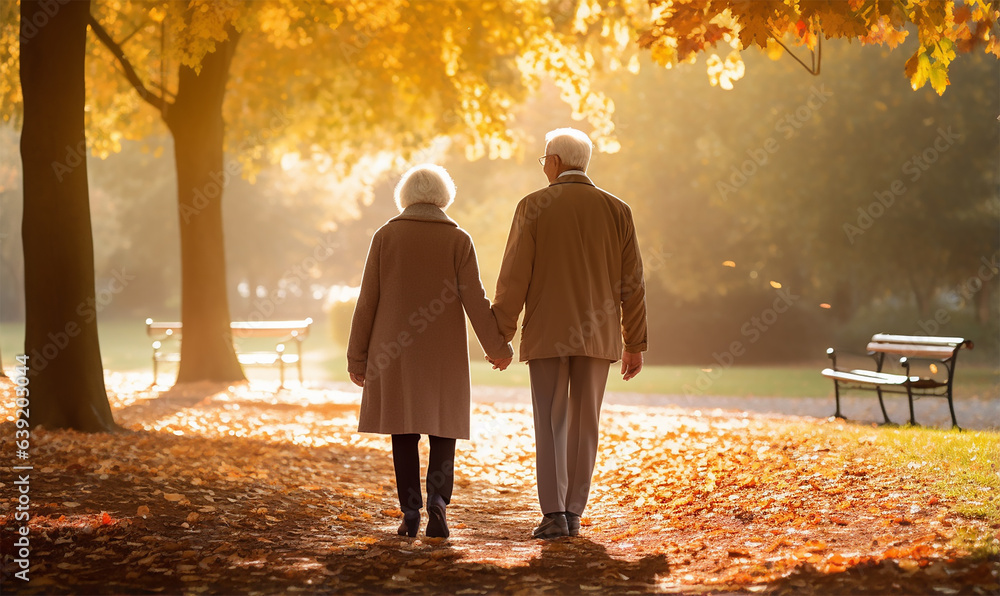 Obraz premium Senior citizen couple taking a leisurely walk in a park during an autumn morning
