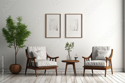 Interior design of a modern living room. White armchairs  frames on a gray wall. Generative AI