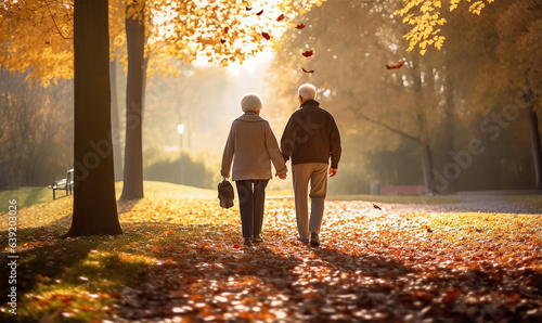 Senior citizen couple taking a leisurely walk in a park during an autumn morning