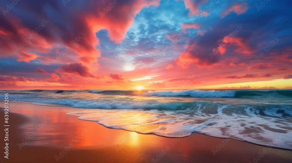 Sunset beach. Beautiful illustration picture. Generative AI