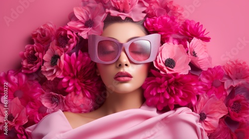 Surreal abstract woman portrait with pink flowers. Beautiful illustration picture. Generative AI