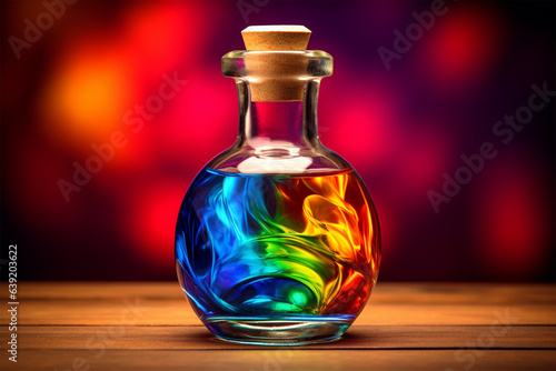 View of a bottle filled with colorful liquids