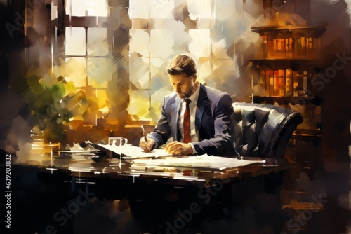 Lawyer is sitting in his office, art. Beautiful illustration picture. Generative AI