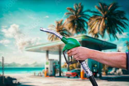 A man holds a gas station gun in his hands against the backdrop of a gas station on the coast of the sea and with palm trees.