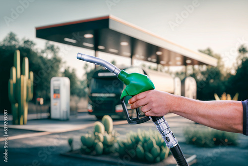 Man holds a gas station pistol in his hands, against the backdrop of a gas station and a cargo van.