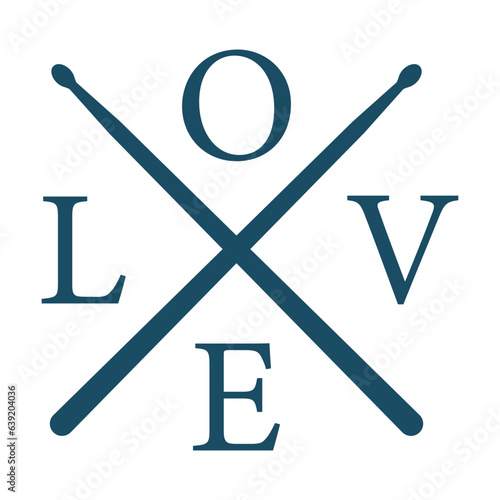 Love word on crossed drumsticks svg cut file. Isolated vector illustration.