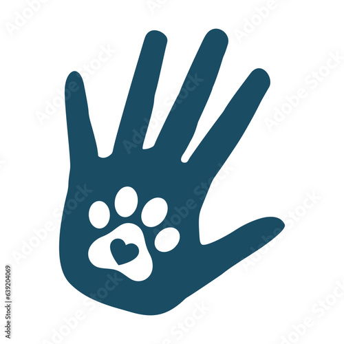 Cat paw with heart in human hand svg cut file. Isolated vector illustration.