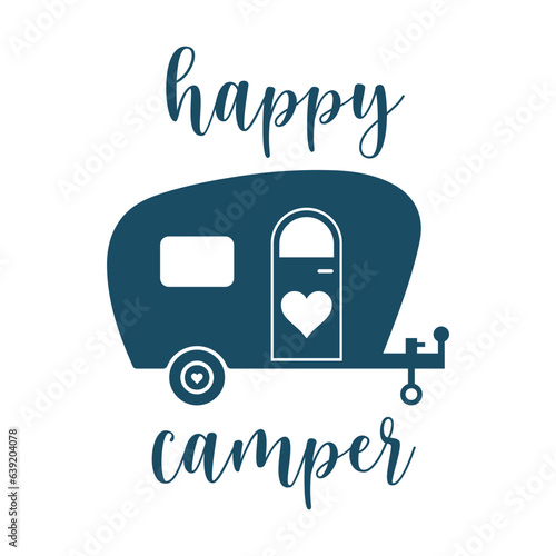 Happy camper with caravan trailer and heart svg cut file. Isolated vector illustration.