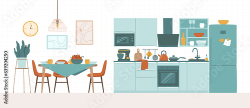 Kitchen and dining room with furniture, utensils and household appliances. Table, chairs, racks, flowers, dishes, refrigerator, microwave. Flat vector illustration.