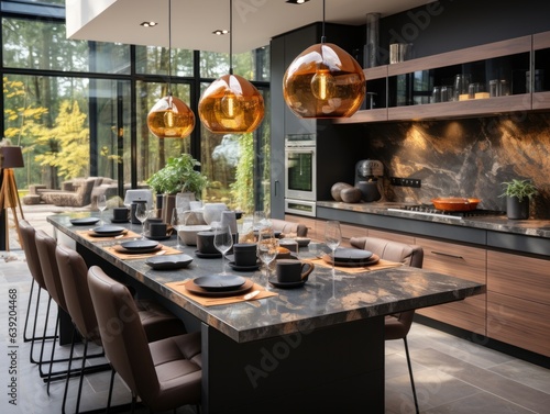 Modern kitchen design in home interior. Facades are painted and made of natural stone. Project management. Loft Light Fixture Lights in Black Metal Frame Shade with Clear Panel Glass. © Dushan