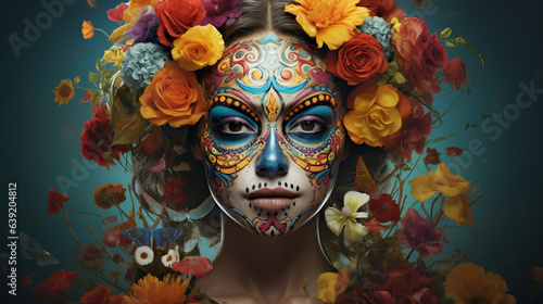 Elegance in Sugar Skull Makeup and Floral Adornments