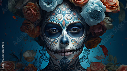 Elegance in Sugar Skull Makeup and Floral Adornments