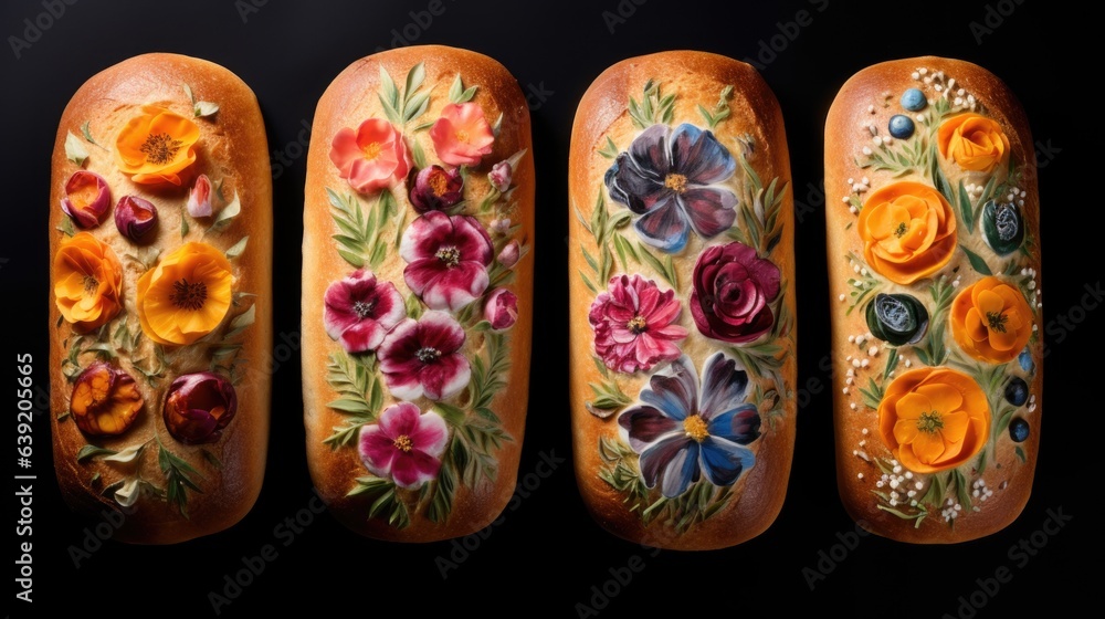 Bread painted with food coloring, hand-painted breads crust, tasty and healthy bun, bright food coloring. Handmade painting sourdough art DIY homemade design hobby. AI photography.