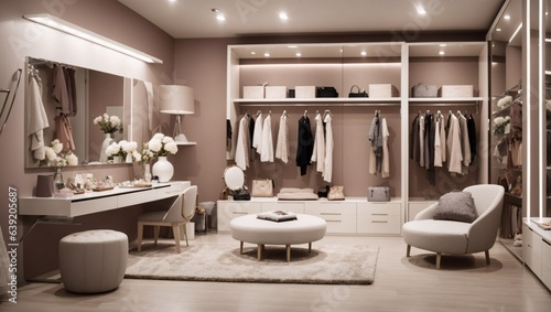 Interior of the apartment with dressing room,separate wardrobe for dresses and shoes with luxury mirror © ponpary