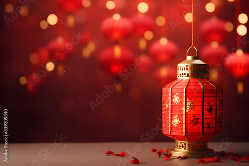 Design with red chinese lantern. Golden Bokeh lights on the blurred background. Chinese New Year festive Design