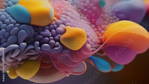 macro microscope video captures the intricate details of a microbe habitat. At the center of the microscope video there is an array of colorful abstract shapes and structures which photo