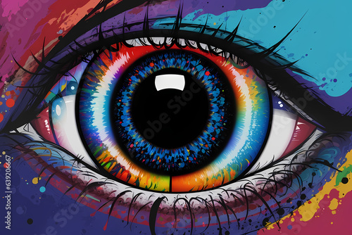 A surreal and full-aspect-ratio pop art painting of an eye  with a mix of abstract shapes and vivid colors. Image created using artificial intelligence.