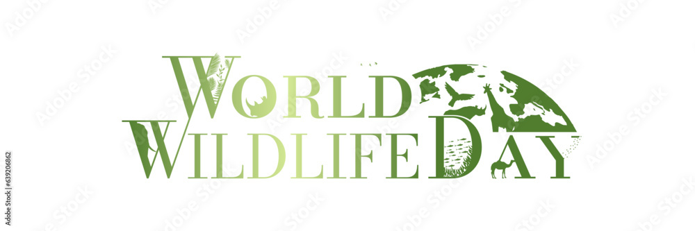 World Wildlife Day Typography with animal silhouettes and map of Earth. World Wildlife Day Symbol. Vector Illustration. World Wildlife Day Typography with animal silhouettes and map of Earth. World Wildlife Day Symbol. Vector Illustration.
