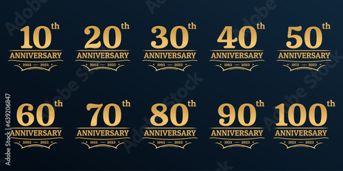 10, 20, 30, 40, 50, 60, 70, 80, 90, 100 years anniversary golden icon or logo. Vintage birthday banner design set. Anniversary jubilee celebration badge or label collection. Vector illustration.