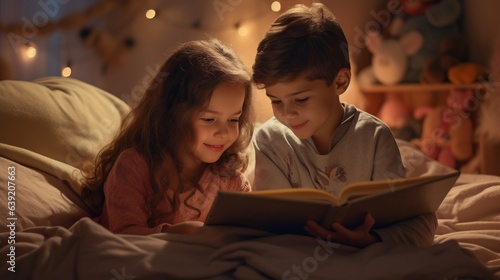 Two children, boy and a girl reading the book in the bed. Beautiful illustration picture. Generative AI