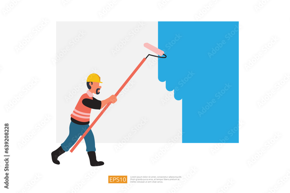 Painter man Painting Wall with Roller Brush. Vector Illustration of Construction Worker Character Painter man Painting Wall with Roller Brush. Vector Illustration of Construction Worker Character