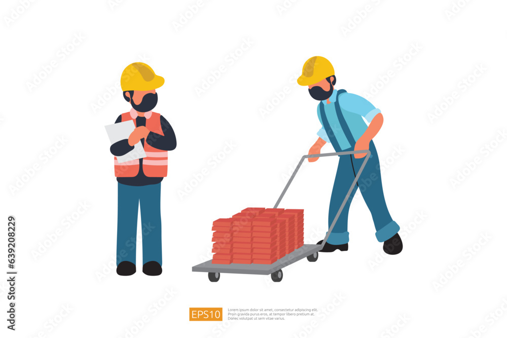 Construction Supervision Checking the Worker Carrying Brick. Vector Illustration of Construction Worker Character