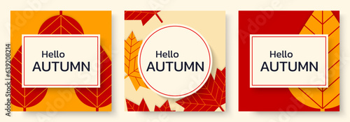 Hello Autumn background or banner set. Fall season poster. Leaf design. Vector illustration.