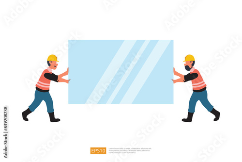 Construction Builder Carry the Glass. Vector Illustration of Construction Worker Character