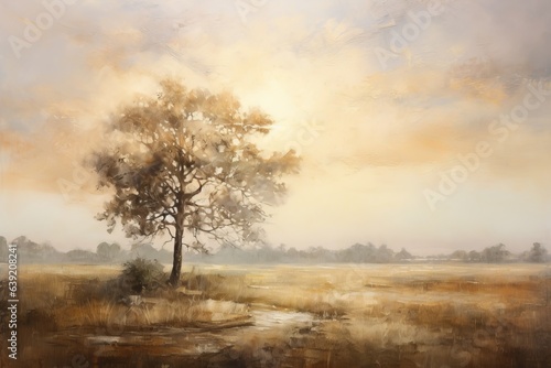 Vintage oil painting of landscape with tree. Beautiful illustration picture. Generative AI