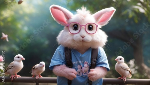 A whitepink fluffy rabbit wearing shirt in forest photo