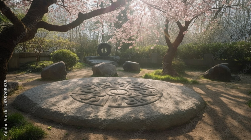 Kanji in Blossom Garden: Serene Japanese garden in springtime