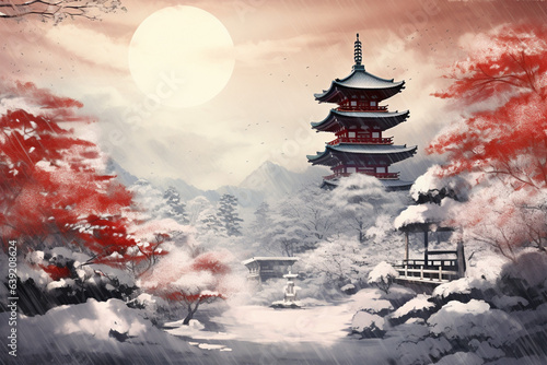 japanese style background, a castle in winter