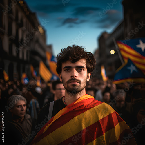 Young pro-independence protester man in Catalonia with the Catalan flag during a demonstration photo