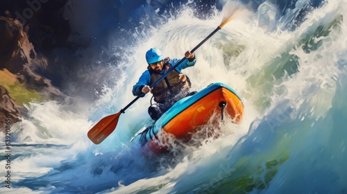 Water rafting adventurer. Beautiful illustration picture. Generative AI © standret