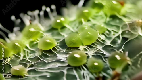 A macro microscope video of Chlamydomonas displays a sphereshaped cell with short fine hairs sticking out from its membrane surface. The alga is green in color due to the presence photo