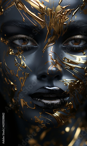 Wunderschönes Model Frau Gesicht in schwarz mit schönen goldenen applikationen als Makeup Poster Nahaufnahme, ai genarativ