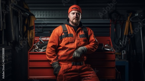 Skilled mechanic in red uniform. Beautiful illustration picture. Generative AI