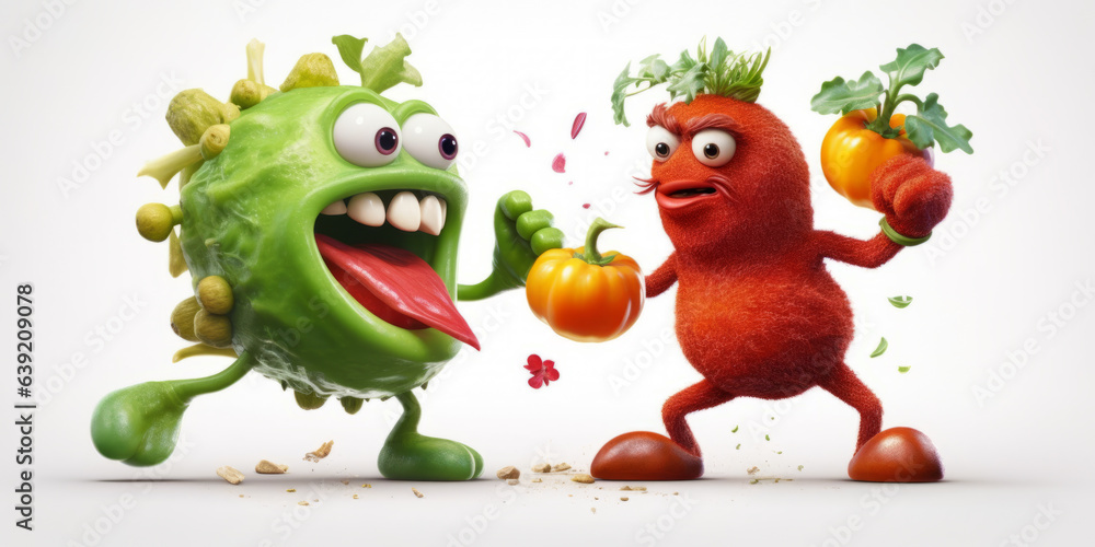 Naklejka premium Crazy fighting vegetables. Childrens advertising or teacher materials. Lesson planning, health education. Dramatic, funny, isolated white background, knockout. 3d characters. Childrens party invite.