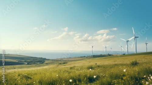 Wind turbines gently spinning on the background. Beautiful illustration picture. Generative AI