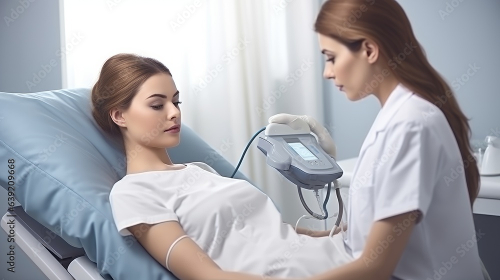 Young woman is doing medical examination of patient. Beautiful illustration picture. Generative AI Young woman is doing medical examination of patient. Beautiful illustration picture. Generative AI